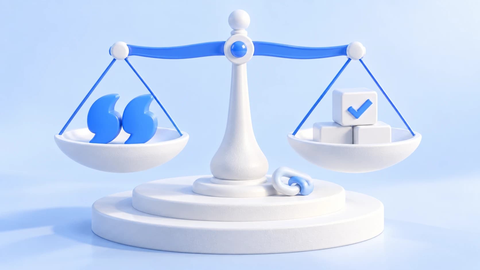 A white balance scale holds blue quotation marks in one bowl and blocks with a checkmark in the other, comparing an AI claim with evidence.