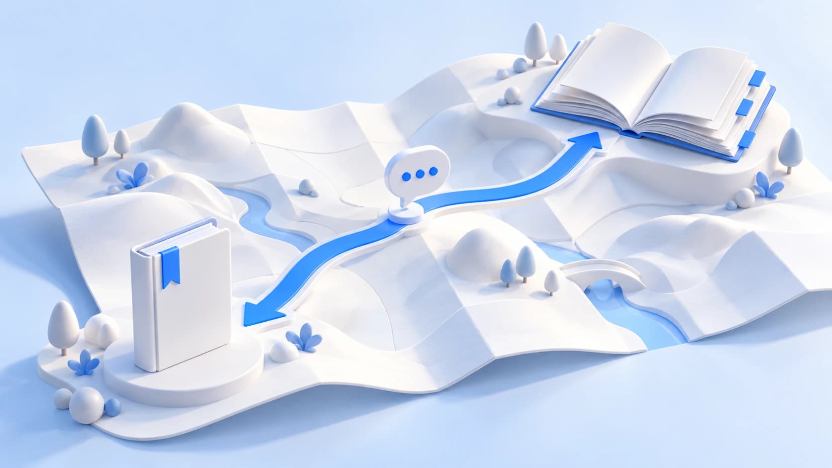 Un camino azul bifurcado sobre un mapa blanco lleva a un libro cerrado y un manual abierto: distintas funciones del blog y la base de conocimiento.