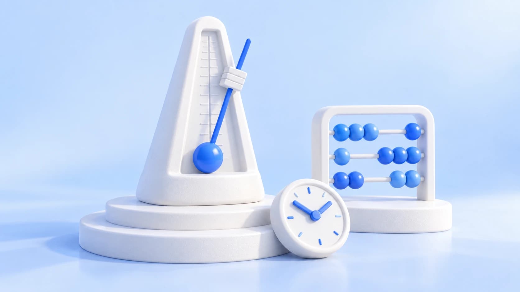 Un métronome blanc, un boulier à perles bleues et une horloge illustrent la planification du temps et des ressources du suivi IA.