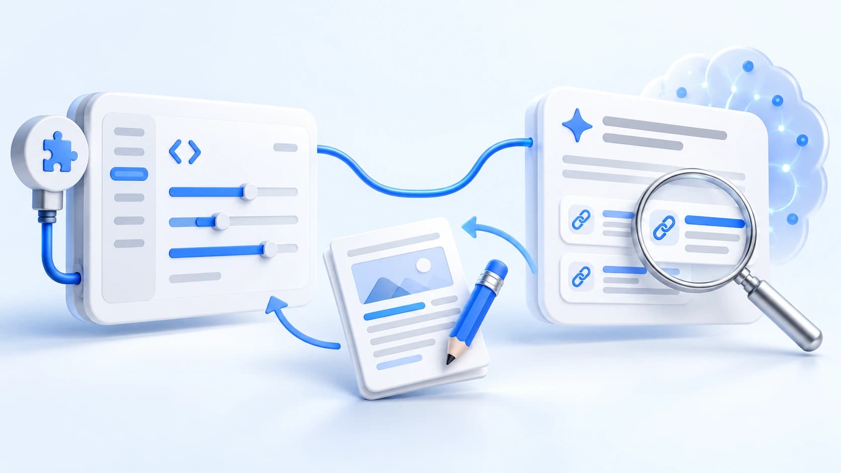 SEO-налаштування, картка відповіді ШІ, лупа й документ показують співпрацю SEO-плагіна з моніторингом і створенням контенту.