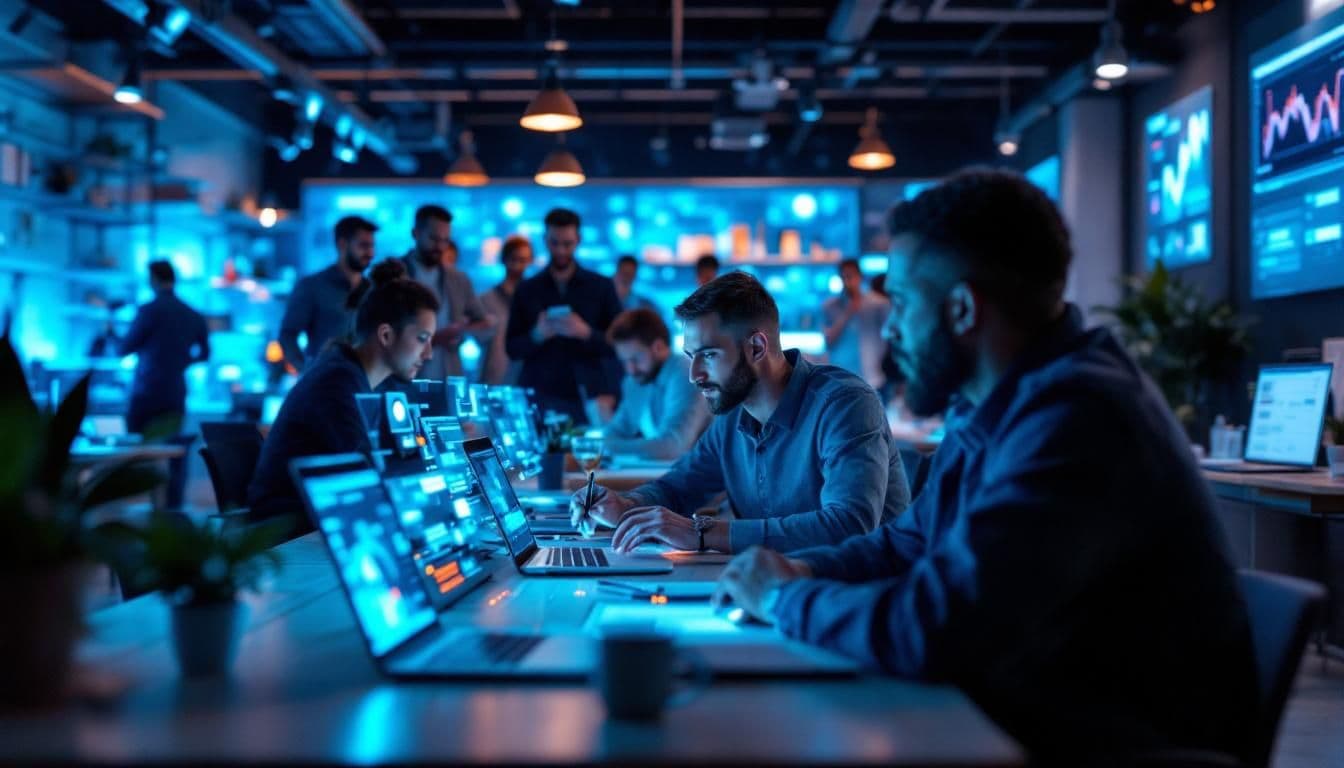 Biznesmen na linii startu, gotowy do wyścigu, symbolizujący pilną przewagę AI w e-commerce. Platforma Semly w tle.