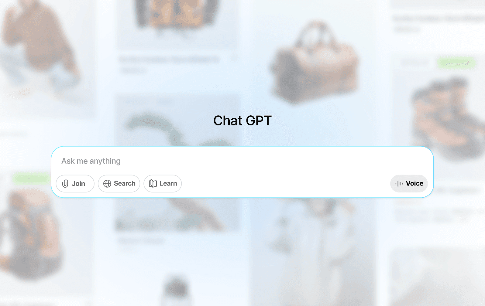 grafika z inputem chata gpt i rozmytymi produktami w tle