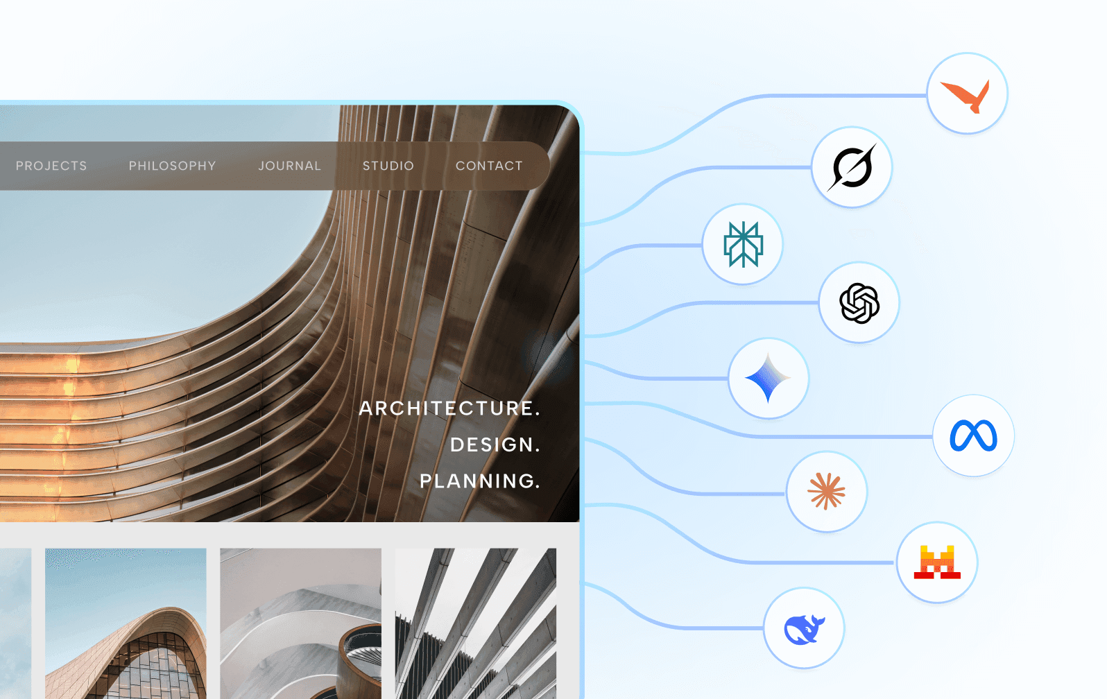 view of architectural studio website with logos of most popular LLMs next to it
