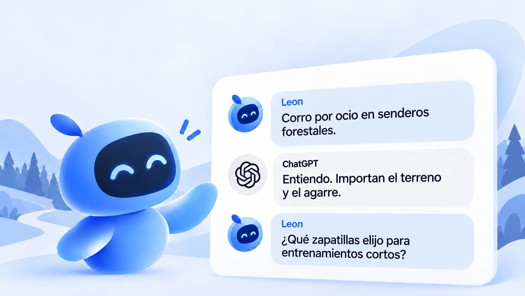 El agente de IA Leon conversa con ChatGPT: presenta las necesidades del usuario y pregunta por la elección de zapatillas con contexto e intención.