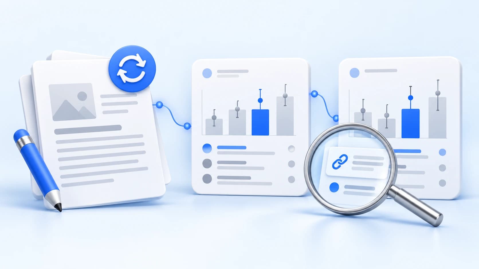 An article, two measurement panels and a magnifying glass illustrating AI visibility before and after a content update.